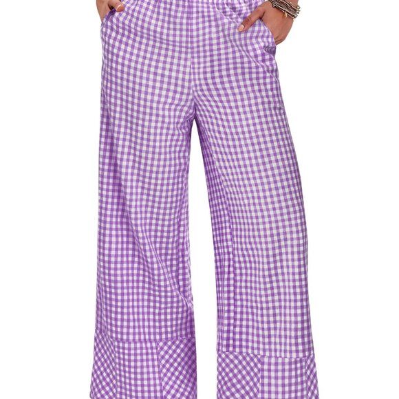 Gingham Striped Wide Leg Pajama Pants Soft Rayon Lounge Trousers with Pockets